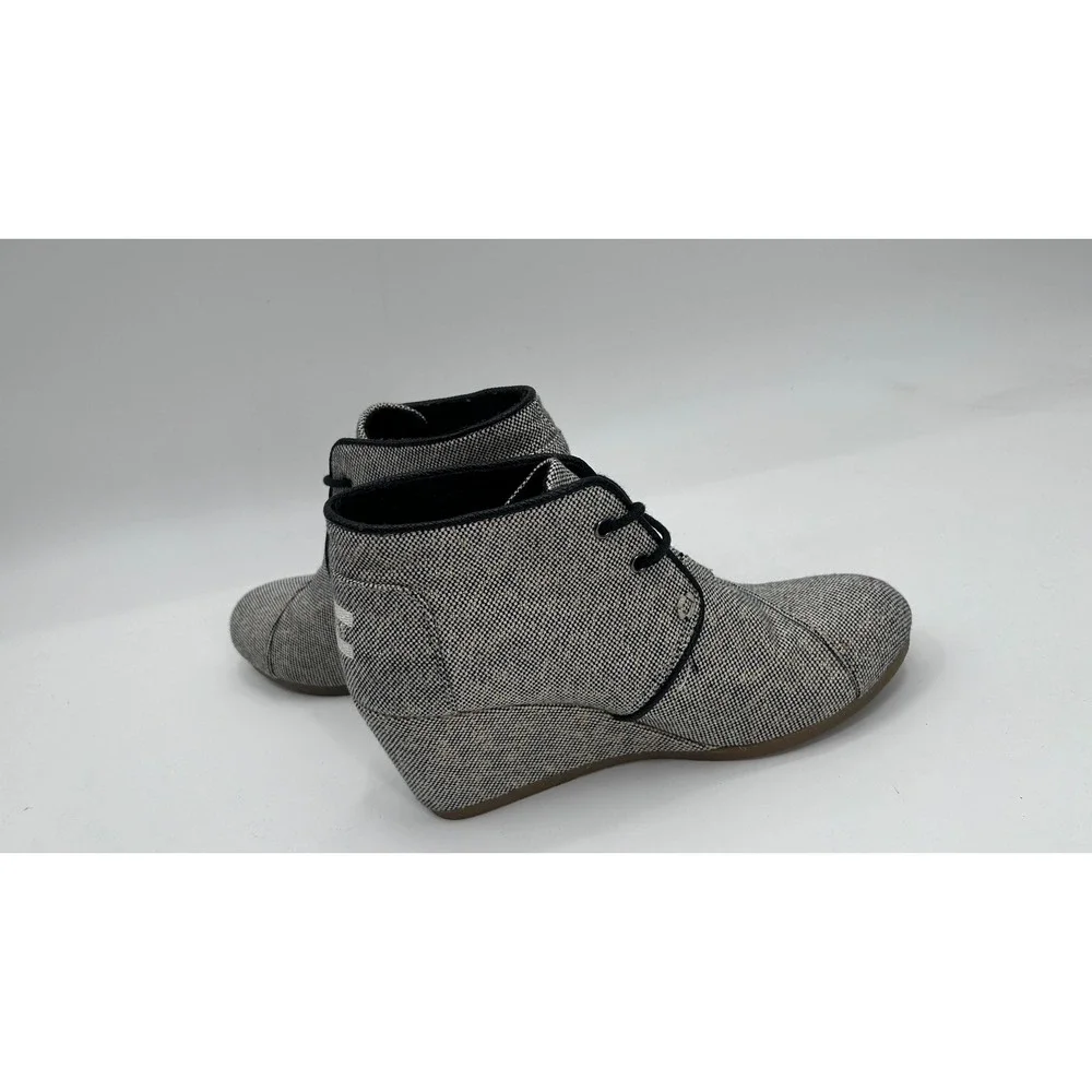 Toms Desert Wedge Linen Tweed Black White Metallic Gold Lace-up Ankle Bootie 7